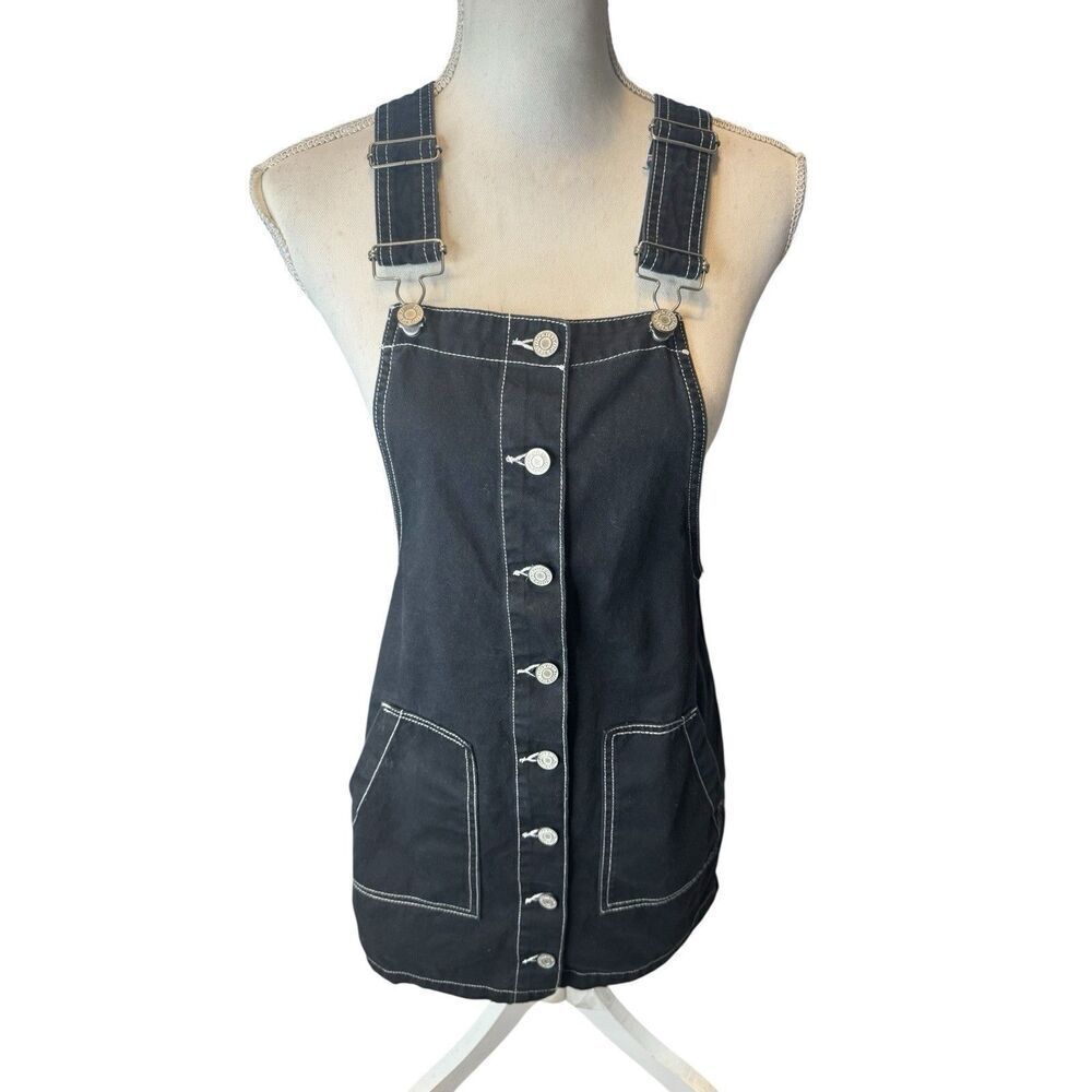 Dickies Black Overall Mini Dress Bib Overall Button Down Y2K Grunge Retro Sz S